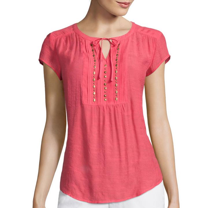 Liz Claiborne Short-sleeve Embellished Pintuck Peasant Top