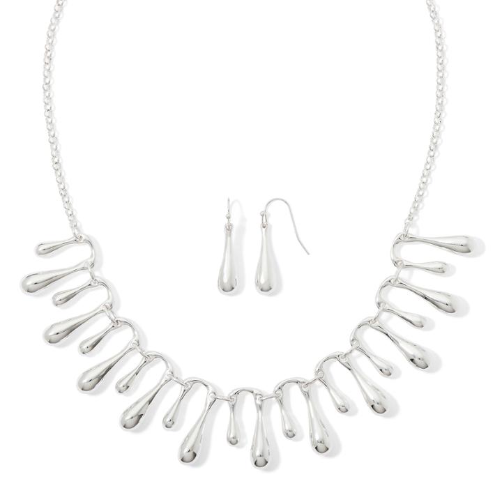 Liz Claiborne Silver-tone Fringe Collar Necklace And Earring Set
