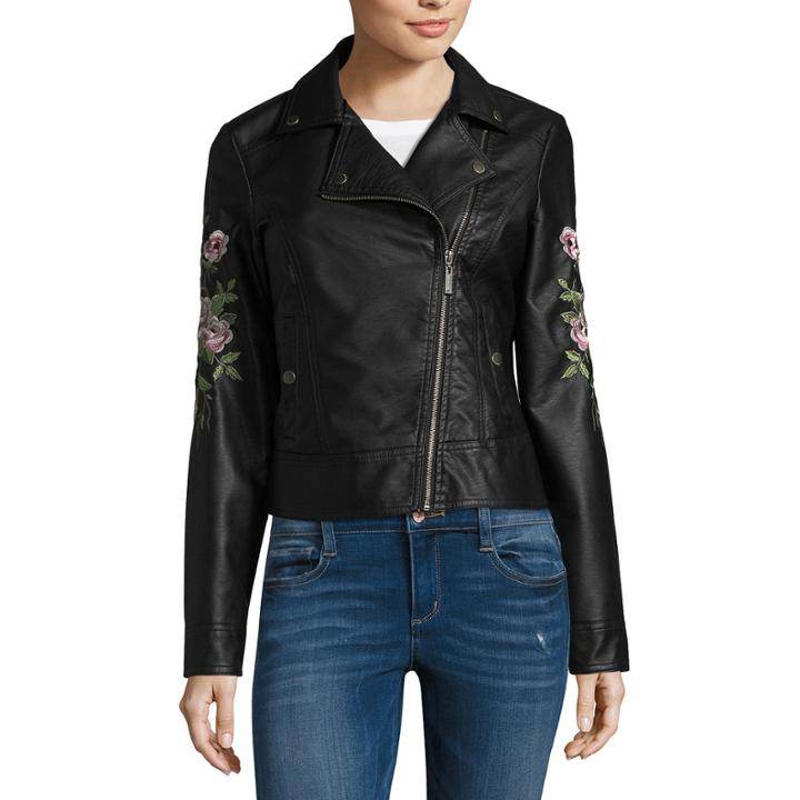 Jou Jou Faux Leather Embroidered Moto Jacket-juniors