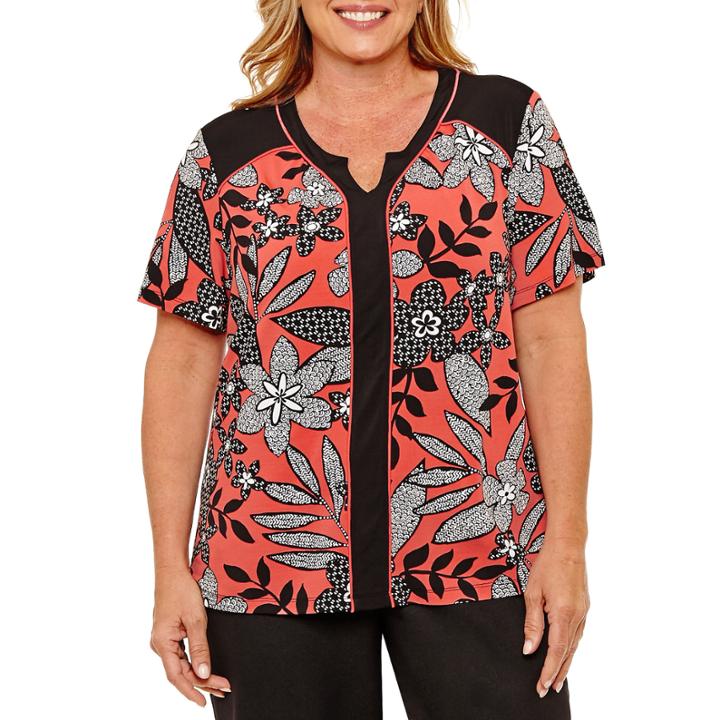 Alfred Dunner Saratoga Springs Short Sleeve Split Crew Neck T-shirt-womens Plus