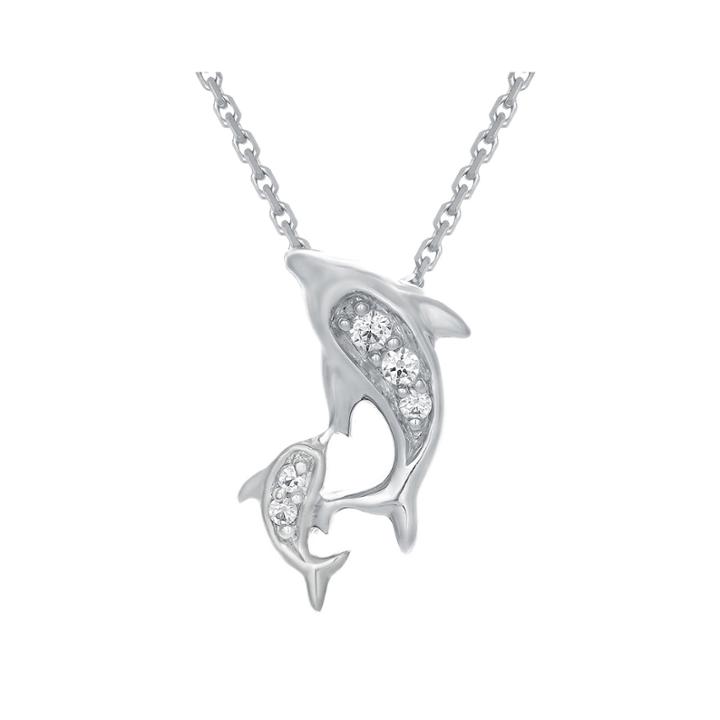 Diamond-accent 10k White Gold Dolphins Mini Pendant Necklace