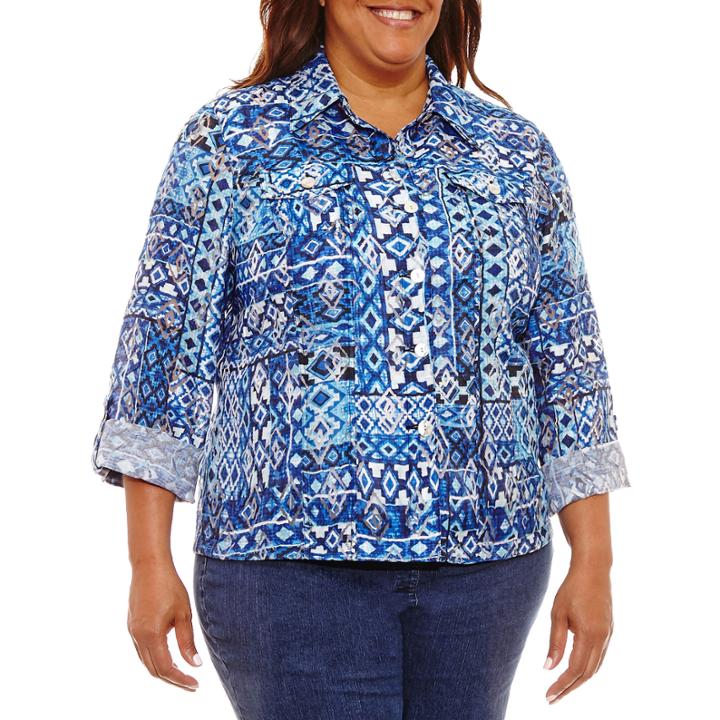 Lark Lane Roll Sleeve Print Shirt Jacket-plus