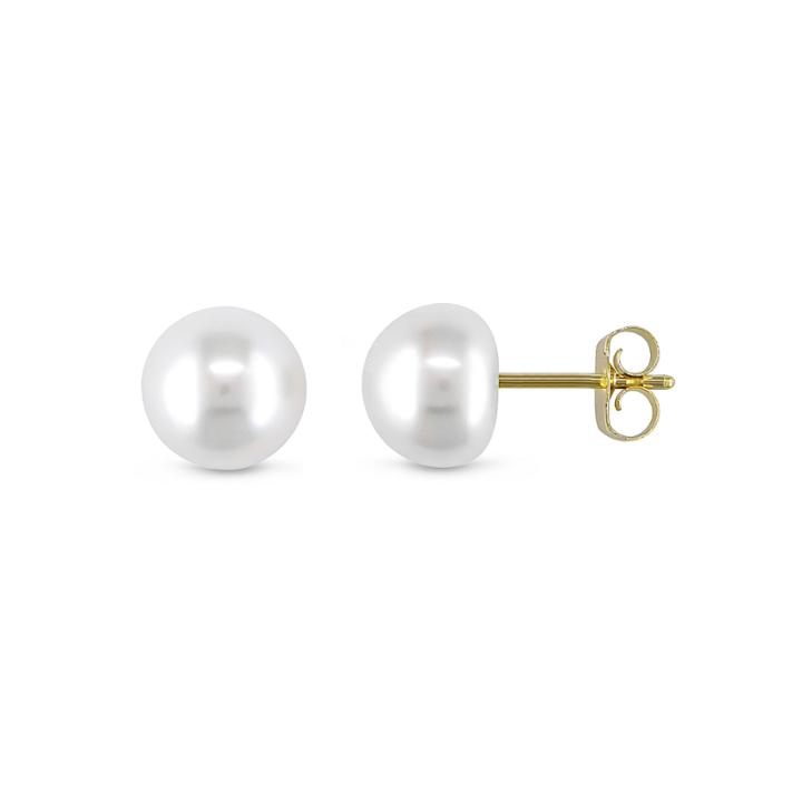 White Cultured Freshwater Button Pearl 10k Yellow Gold Earrings