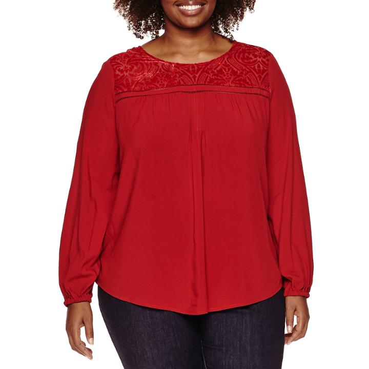 St. John's Bay Long Sleeve Round Neck Rayon Burnout Blouse-plus