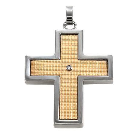 Mens Two-tone Diamond-accent Cross Pendant Necklace