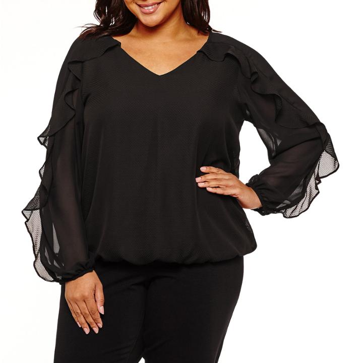 Alyx Long Sleeve V Neck Woven Blouse-plus