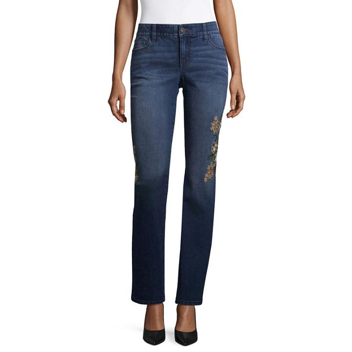 Liz Claiborne Embroidered Straight Leg Flexi Fit Jeans