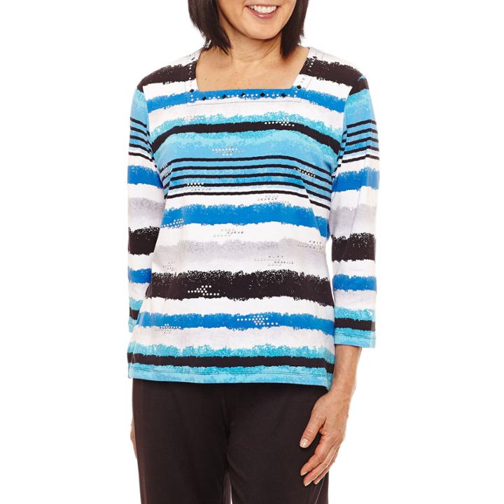Alfred Dunner Easy Going 3/4 Sleeve Square Neck Stripe T-shirt-womens
