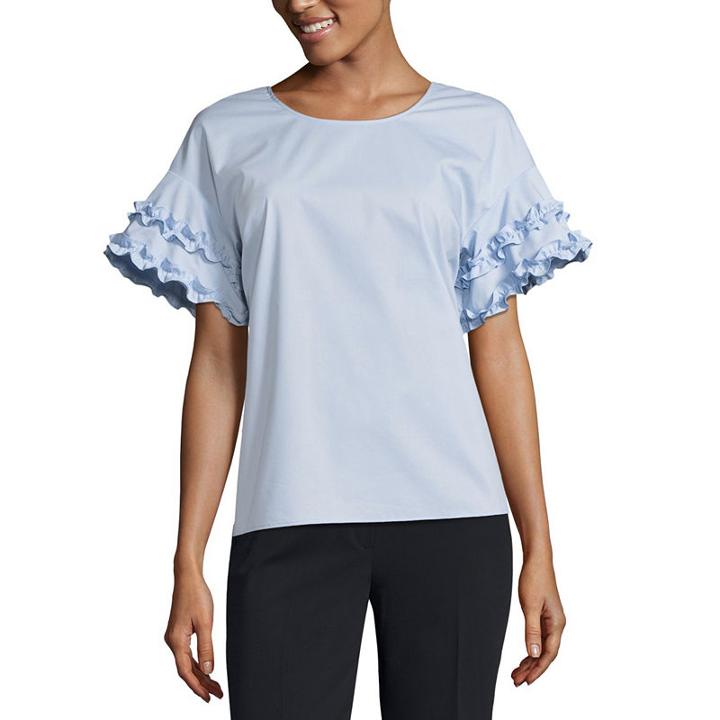 Worthington Short Sleeve Crew Neck Poplin Ruffled Blouse-petites