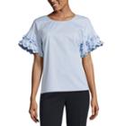Worthington Short Sleeve Crew Neck Poplin Ruffled Blouse-petites