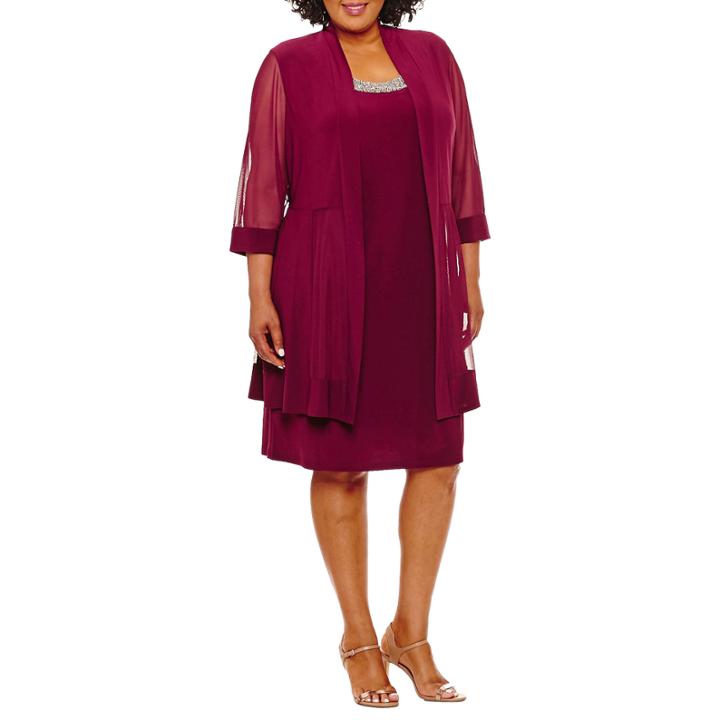 R & M Richards 3/4 Sleeve Beaded Jacket Dress-plus