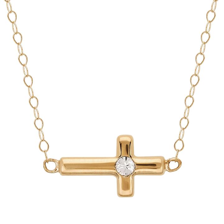 Teeny Tiny 14k Yellow Gold Crystal Accent Side Cross Necklace