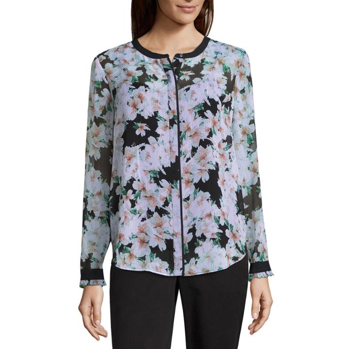 Liz Claiborne Long Sleeve Split Crew Neck Woven Stripe Blouse-tall