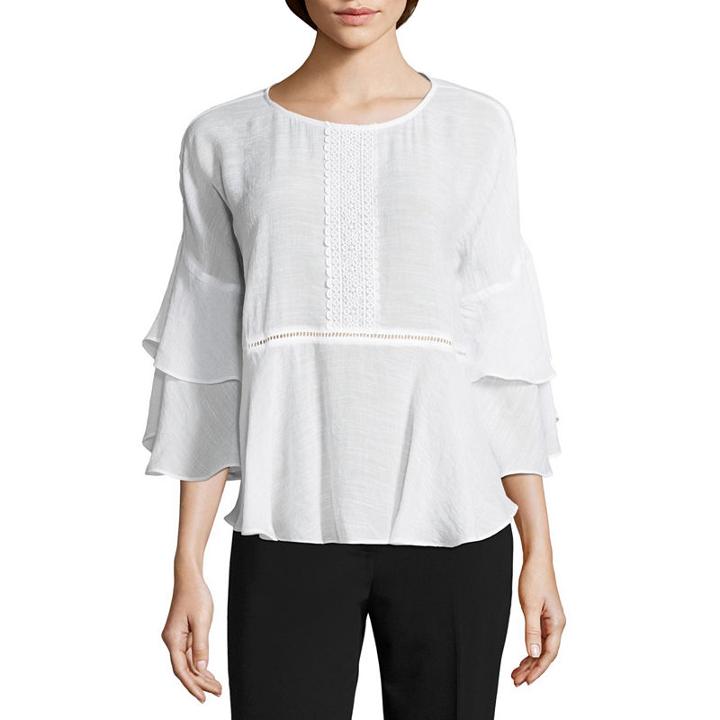 Liz Claiborne Tiered Bell Sleeve Round Neck Gauze Blouse