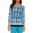 Alfred Dunner Scenic Route 3/4 Sleeve Round Neck Ikat Border T-shirt