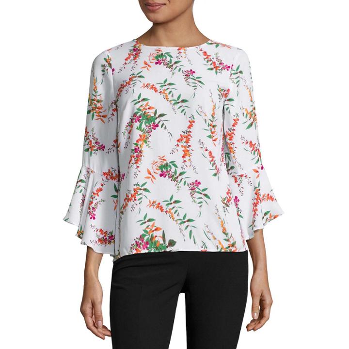 Worthington Long Sleeve Crew Neck Georgette Blouse