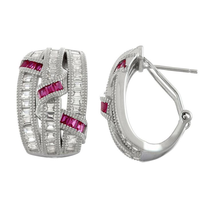Lead Glass-filled Red Ruby Sterling Silver 21.1mm Hoop Earrings