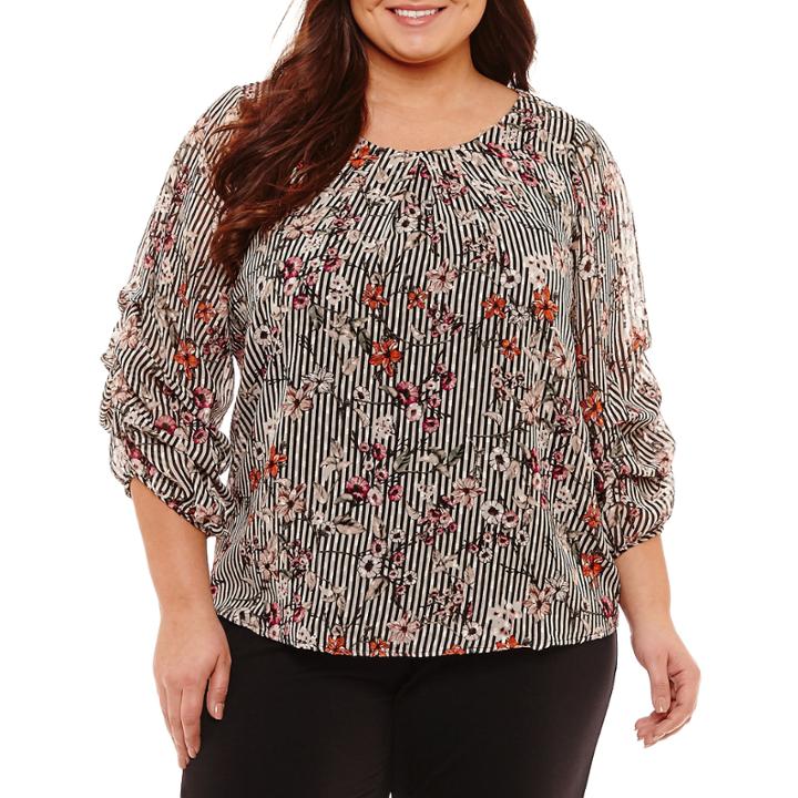 Byer California 3/4 Sleeve Round Neck Chiffon Floral Blouse-plus