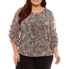 Byer California 3/4 Sleeve Round Neck Chiffon Floral Blouse-plus