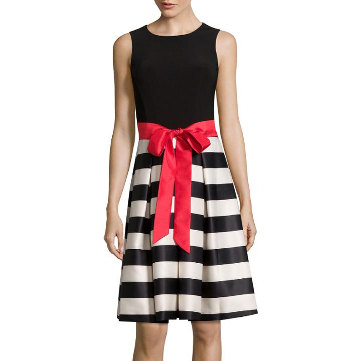 R & K Originals Sleeveless Solid-top Stripe-bottom Sashed Party Dress