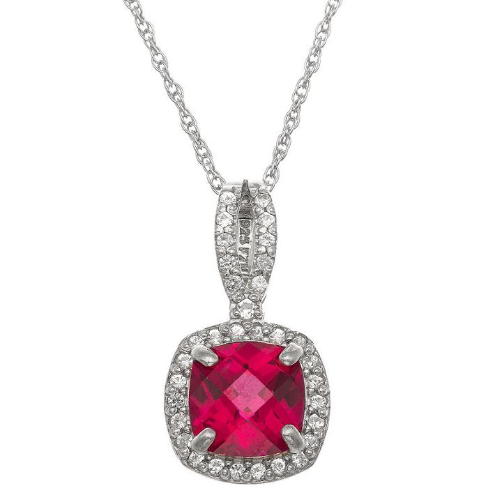 Womens Lead Glass-filled Red Ruby Sterling Silver Square Pendant Necklace
