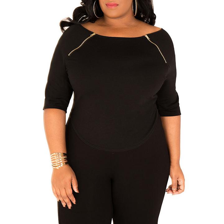 Poetic Justice French Terry Knit Scoop Neck Elbow Sleeve Blouse- Plus