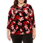 Liz Claiborne Elbow Sleeve Cowl Neck Floral T-shirt-womens Plus