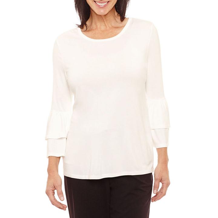 Sag Harbor Ruffles 3/4 Sleeve Crew Neck Knit Ruffled Blouse