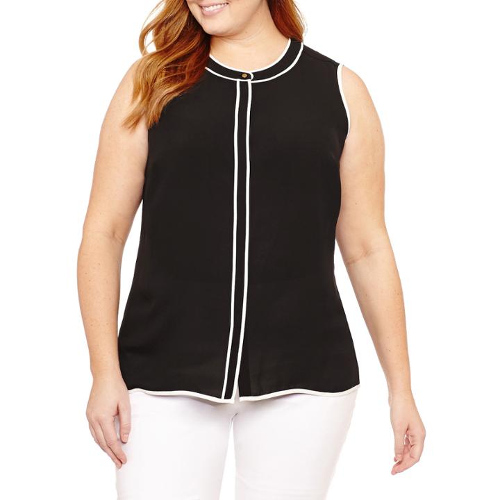 Liz Claiborne Sleeveless Piped Button-front Shirt-plus