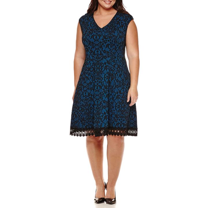 Studio 1 Sleeveless Puff Jacquard Lace-trim Fit-and-flare Dress - Plus