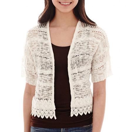 Takeout Short-sleeve Crochet-trim Cropped Cardigan