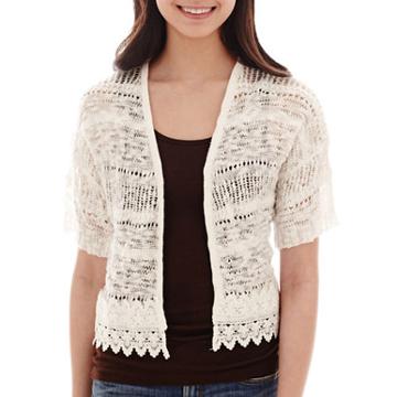 Takeout Short-sleeve Crochet-trim Cropped Cardigan