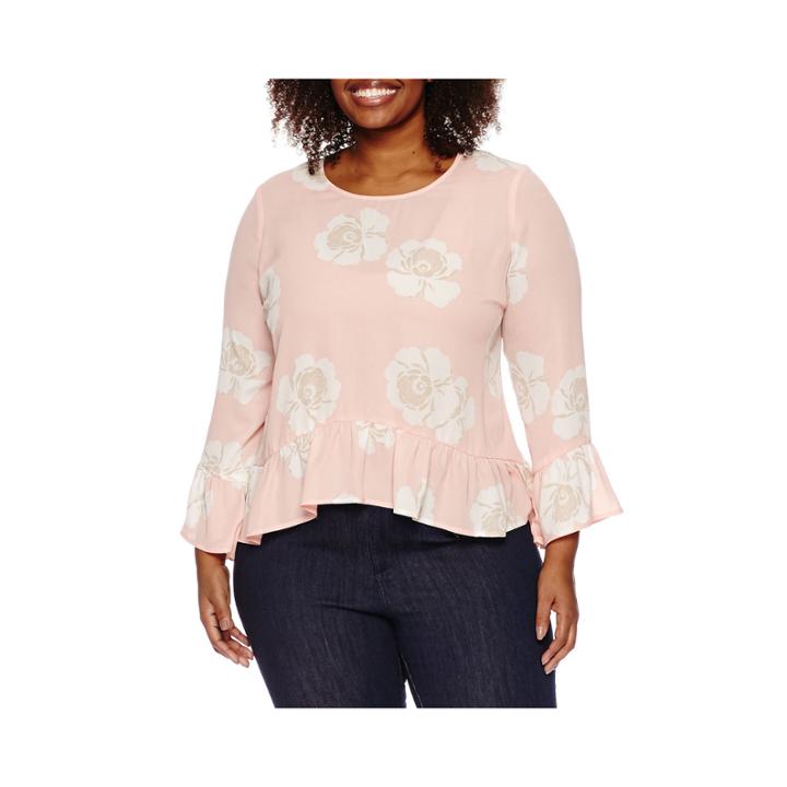 A.n.a Long Sleeve Crew Neck Woven Floral Blouse-plus