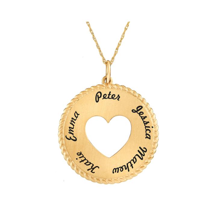 Personalized 10k Yellow Gold Round Disc Heart Pendant Necklace
