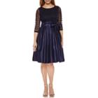 Jessica Howard 3/4 Sleeve Belted Mesh-dot Fit & Flare Dress-petites