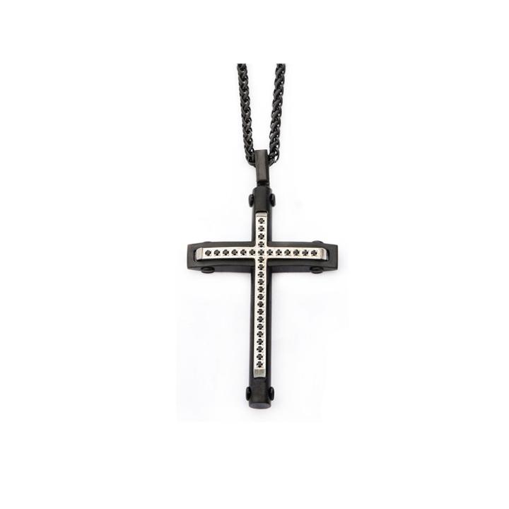 Mens Black Cubic Zirconia Stainless Steel Pendant Necklace