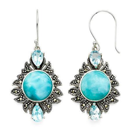 Genuine Larimar And Marcasite Sterling Silver Drop Earrings