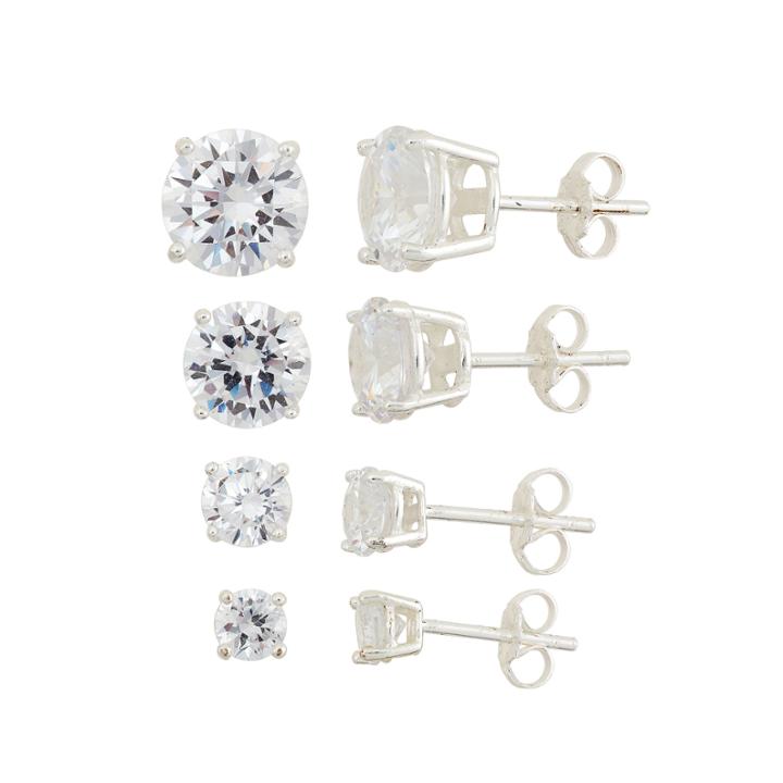 Diamonart 4 Pair Greater Than 6 Ct. T.w. White Cubic Zirconia Sterling Silver Earring Sets