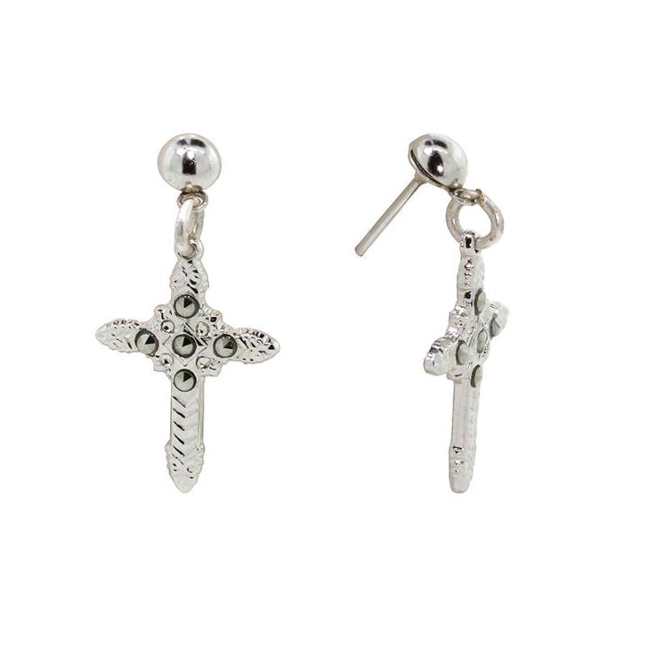 1928 Religious Jewelry Gray Cross Drop Earrings