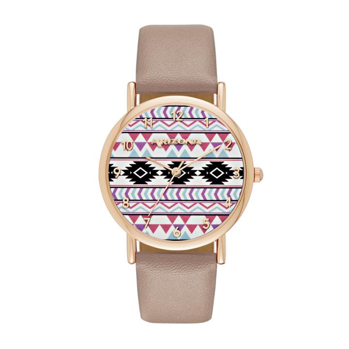 Arizona Womens Rose Gold Tone Aztec Print Taupe Strap Watch