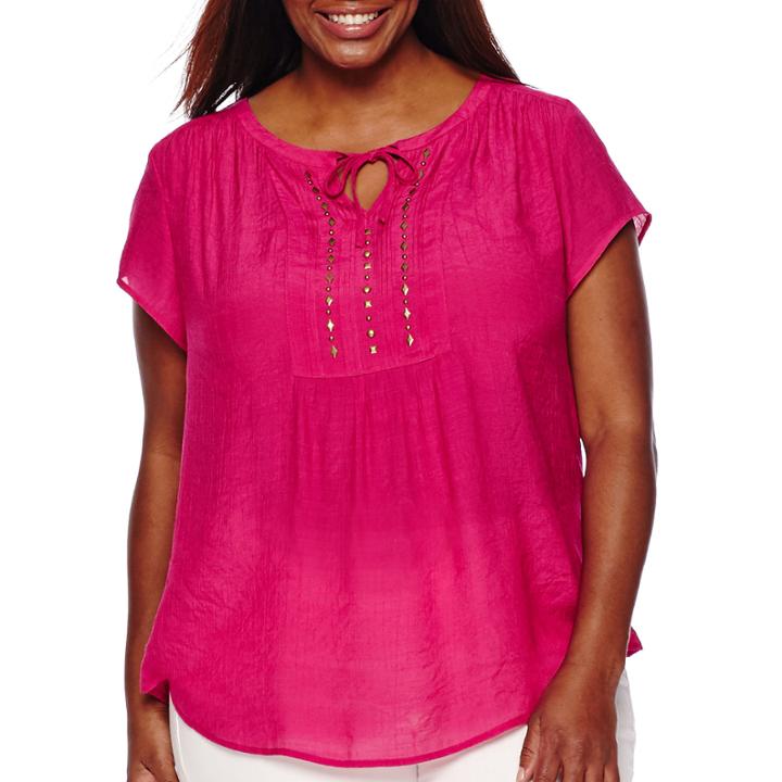 Liz Claiborne Short-sleeve Pintuck Peasant Blouse - Plus