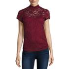 Almost Famous Short-sleeve Ruched Lace Mockneck Tee - Juniors