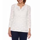 Alfred Dunner Scenic Route 3/4 Sleeve Split Crew Neck Lace Texture T-shirt-petites