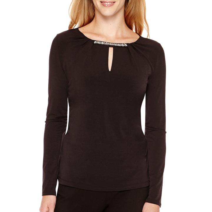 Liz Claiborne Long-sleeve Pleated Neck-trim Top - Tall