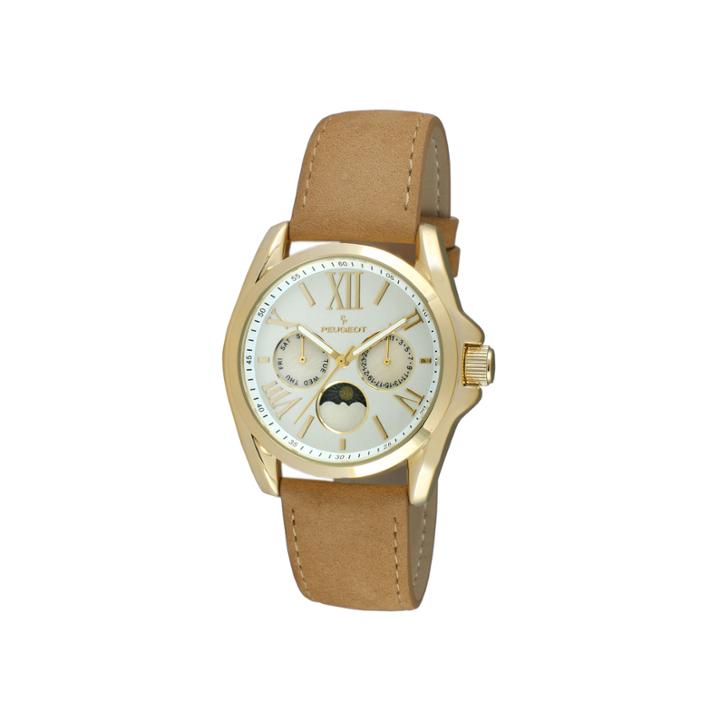 Peugeot Women's Gold Tone Multi-function Brown Suede Strap Watch