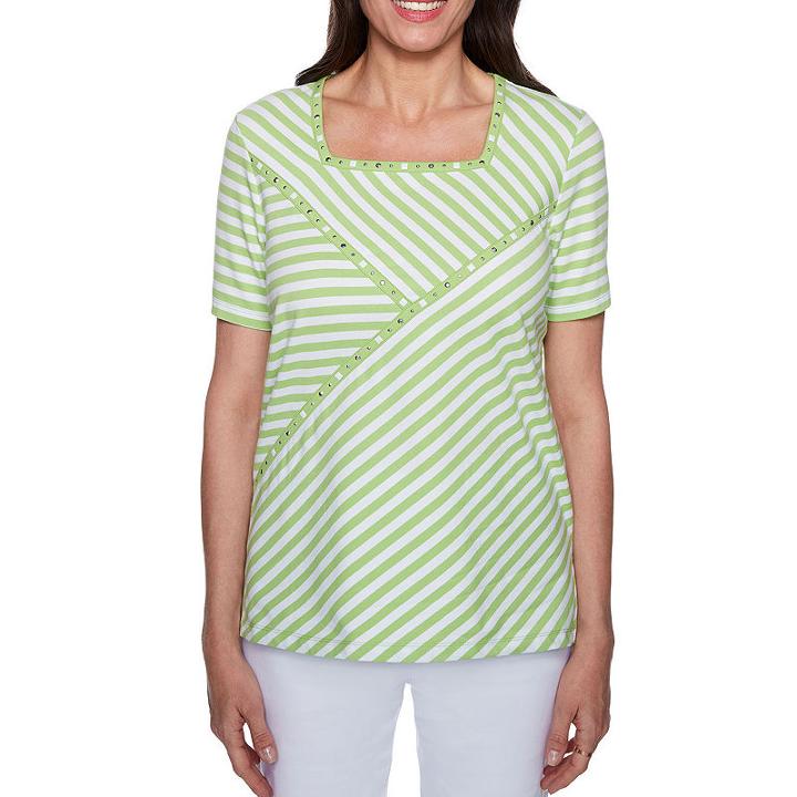 Alfred Dunner Turks And Caicos Square Neck Spliced Stripe T-shirt-womens