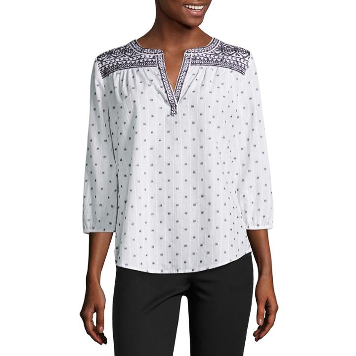 Liz Claiborne 3/4 Sleeve Split Crew Neck Embroidered Blouse