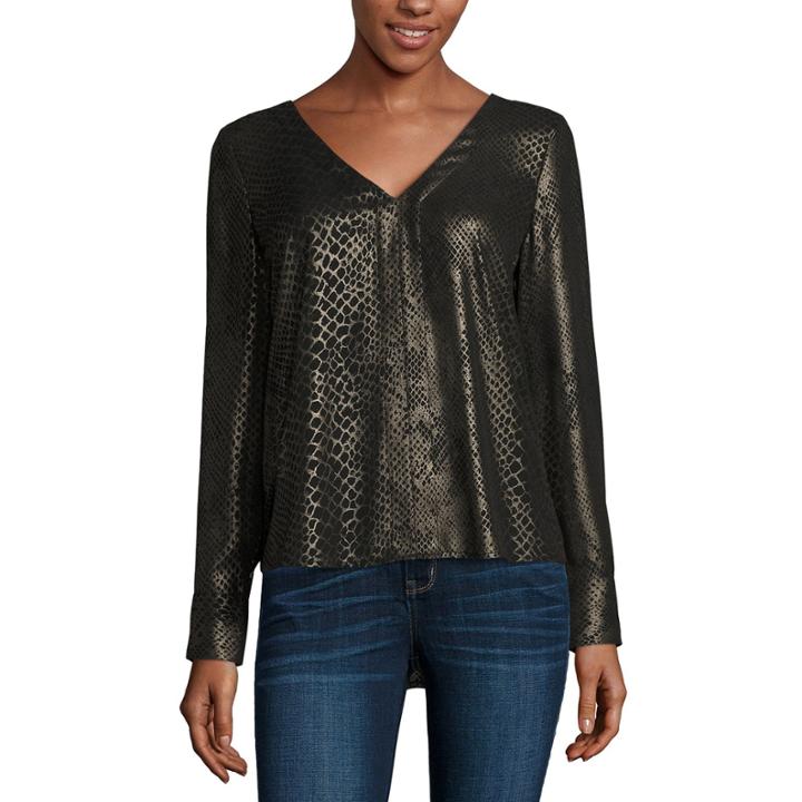A.n.a Long Sleeve V Neck Woven Blouse-petites
