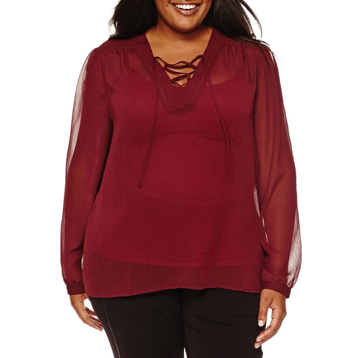 A.n.a Long-sleeve Lace-front Peasant Blouse - Plus