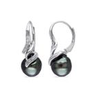 Genuine Black Tahitian Pearl & Diamond Accent Sterling Silver Earrings